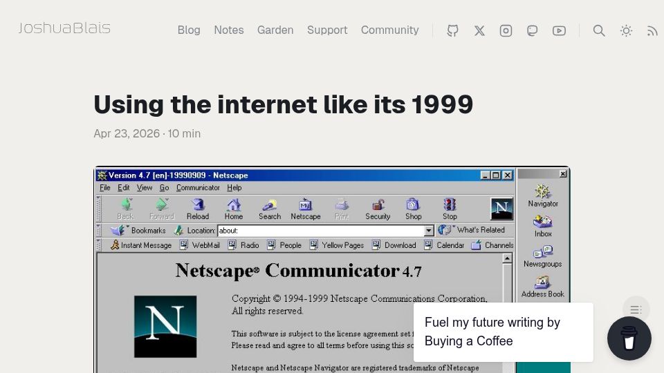 Screenshot of joshblais.com: Using the internet like it's 1999