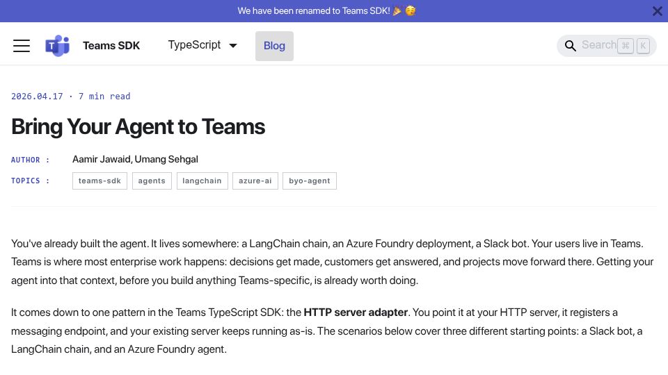 Screenshot of microsoft.github.io: Bring Your Agent to Teams