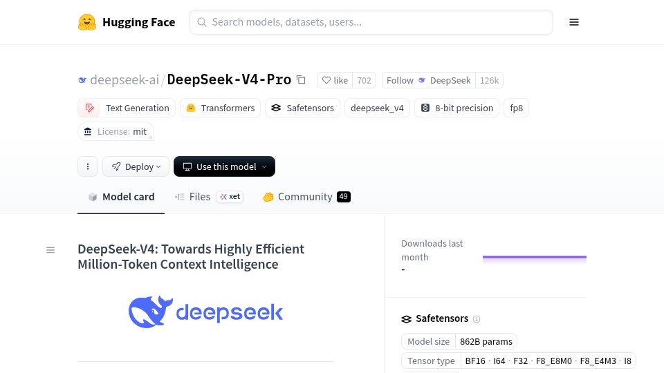 Screenshot of huggingface.co: DeepSeek-V4: Towards Highly Efficient Million-Token Context Intelligence