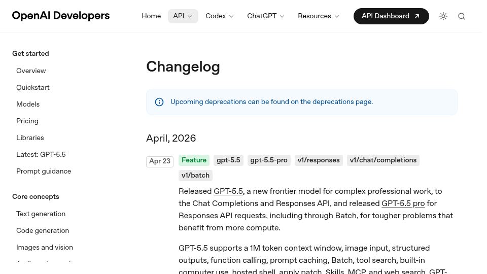 Screenshot of developers.openai.com: OpenAI releases GPT-5.5 and GPT-5.5 Pro in the API
