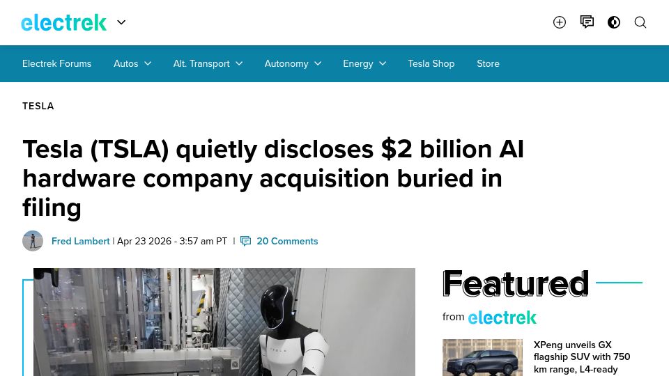 Screenshot of electrek.co: Tesla (TSLA) discloses $2B AI hardware company acquisition buried