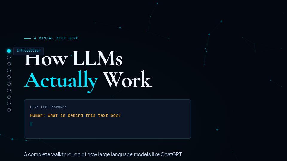 Screenshot of ynarwal.github.io: Show HN: How LLMs Work – Interactive visual guide based on Karpathy's lecture