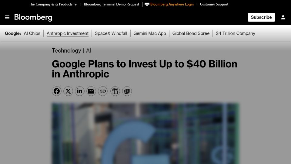 Screenshot of bloomberg.com: Google plans to invest up to $40B in Anthropic