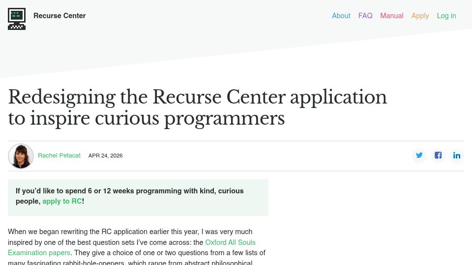Screenshot of recurse.com: Redesigning the Recurse Center application to inspire curious programmers