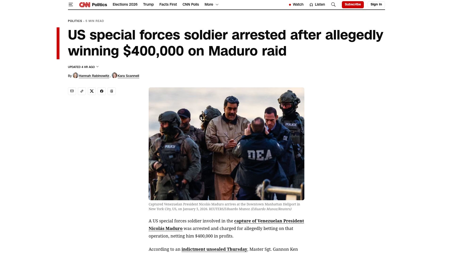 Screenshot of cnn.com: US special forces soldier arrested after allegedly winning $400k on Maduro raid