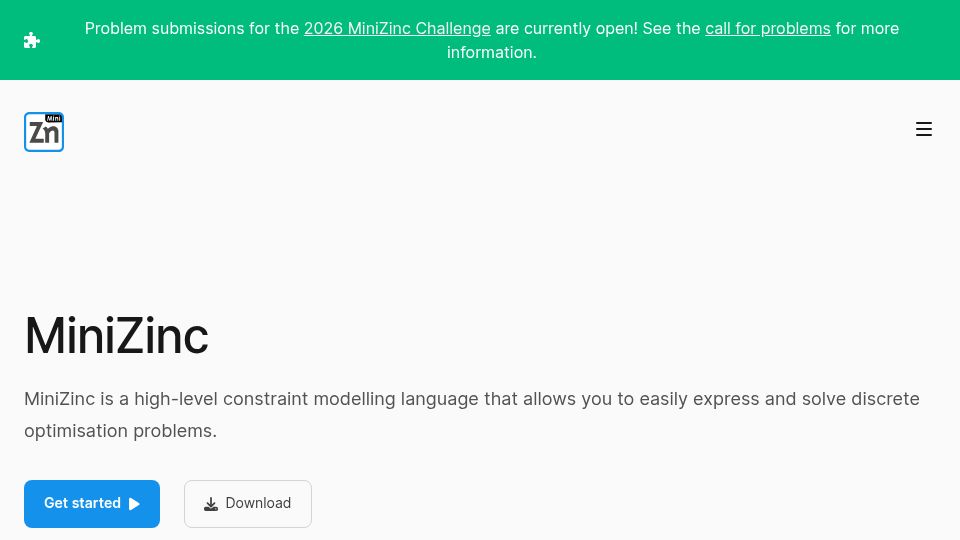 Screenshot of minizinc.org: MiniZinc, constraint modelling language solve discrete optimisation problems