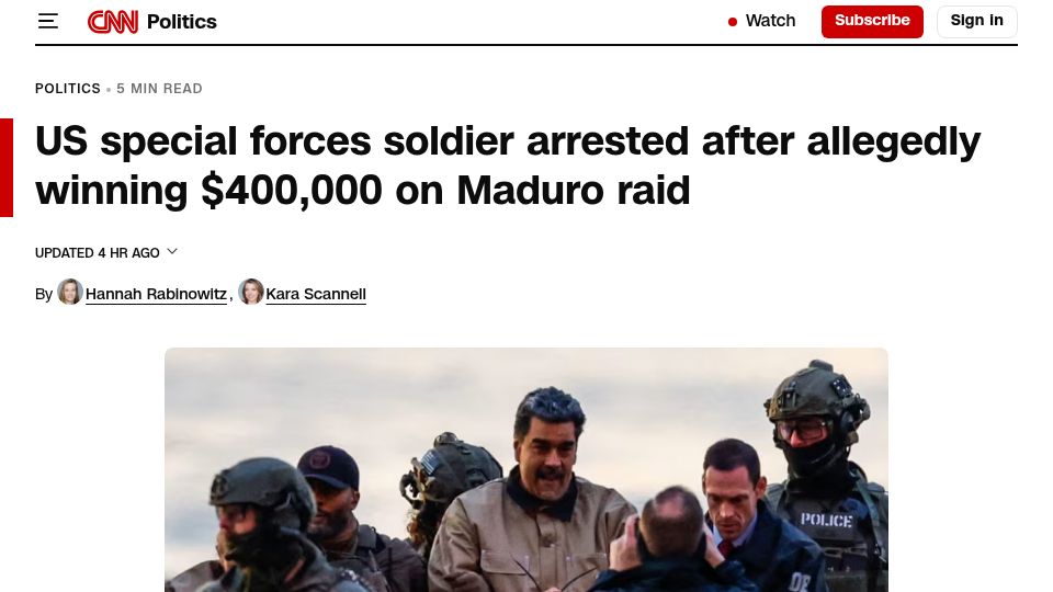 Screenshot of cnn.com: US special forces soldier arrested after allegedly winning $400k on Maduro raid