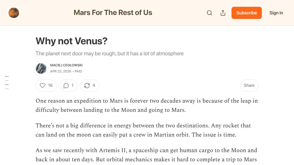 Screenshot of mceglowski.substack.com: Why Not Venus?