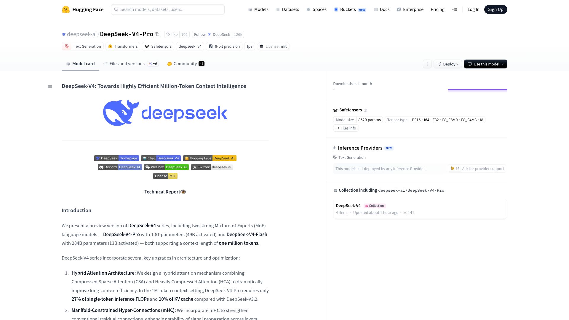 Screenshot of huggingface.co: DeepSeek-V4: Towards Highly Efficient Million-Token Context Intelligence