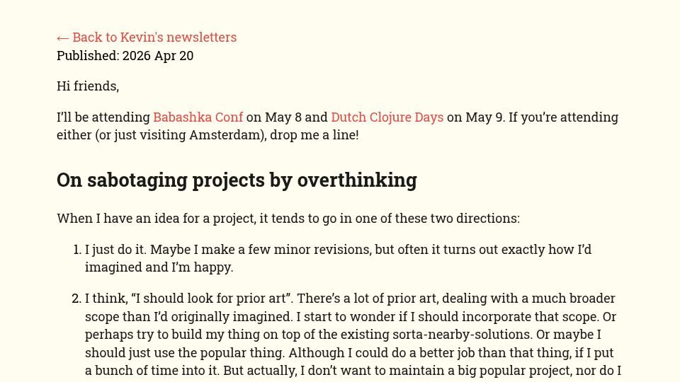 Screenshot of kevinlynagh.com: Sabotaging projects by overthinking, scope creep, and structural diffing