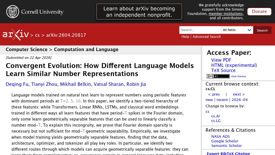 Screenshot of arxiv.org: Different language models learn similar number representations