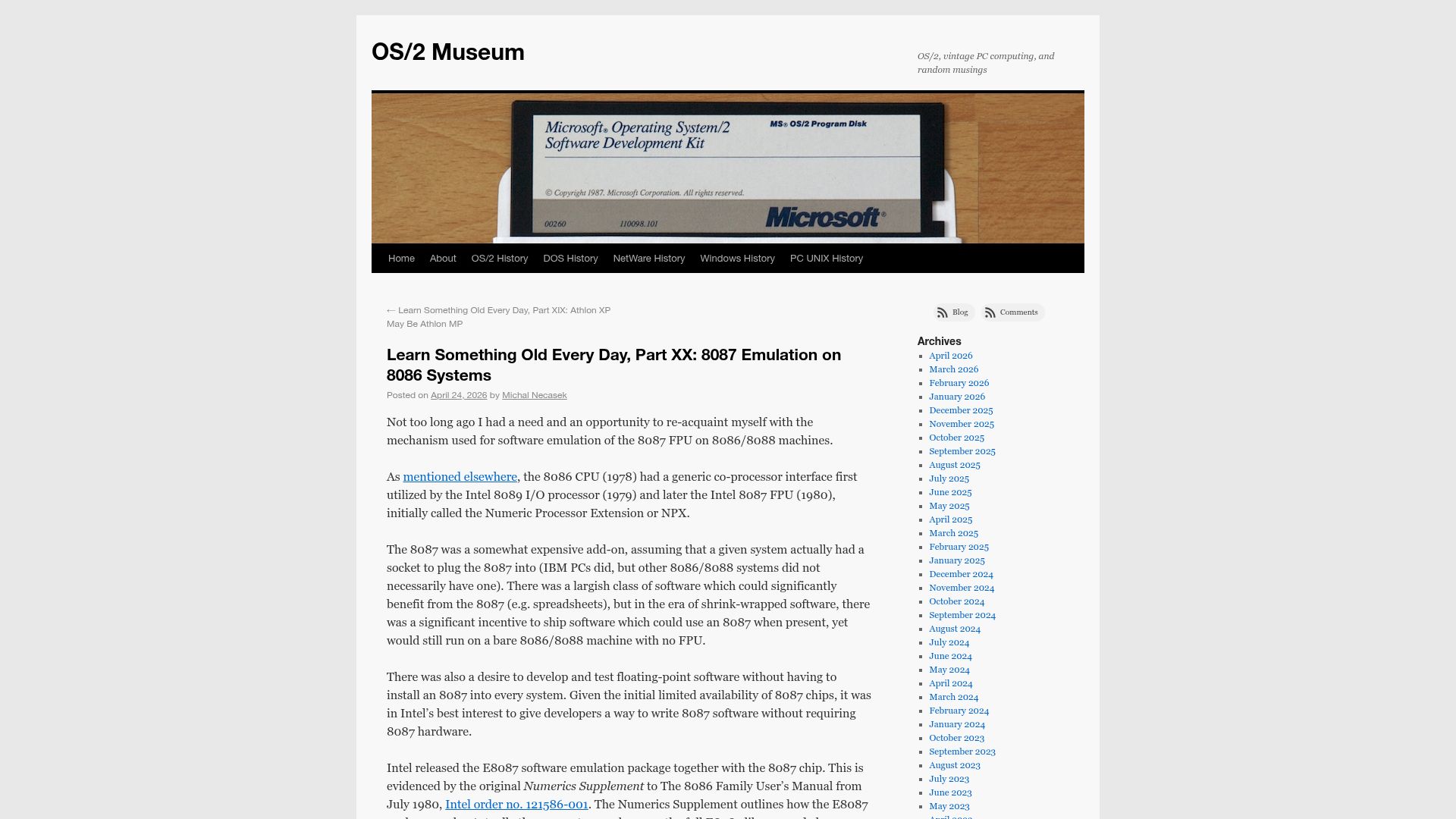 Screenshot of os2museum.com: 8087 Emulation on 8086 Systems