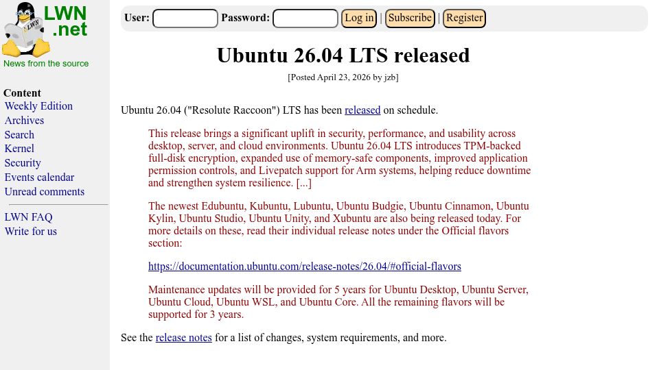 Screenshot of lwn.net: Ubuntu 26.04