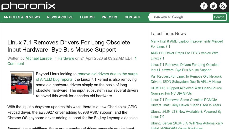 Screenshot of phoronix.com: Linux 7.1 Removes Drivers for Bus Mouse Support