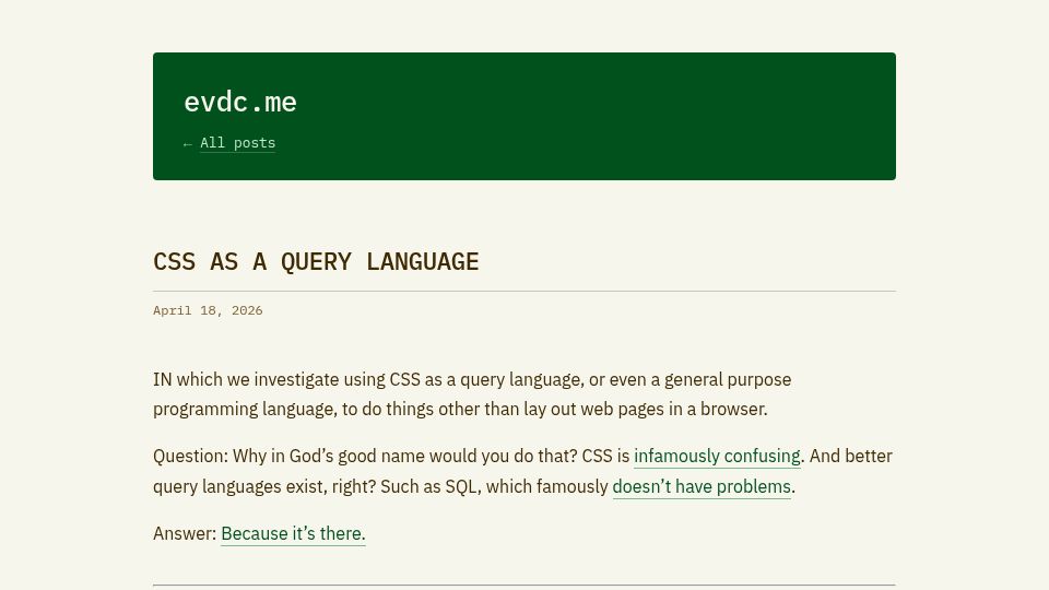 Screenshot of evdc.me: CSS as a Query Language