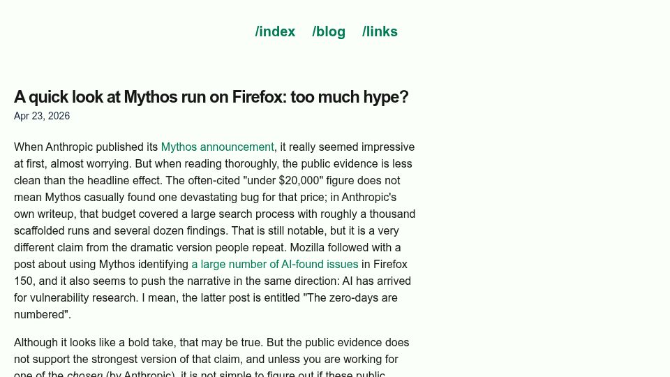 Screenshot of xark.es: A quick look at Mythos run on Firefox: too much hype?