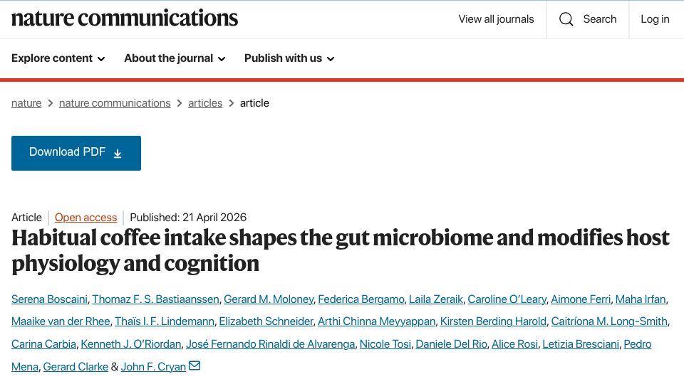 Screenshot of nature.com: Habitual coffee intake shapes the microbiome, modifies physiology and cognition