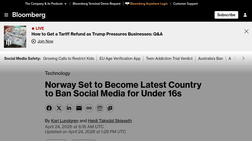 Screenshot of bloomberg.com: Norway Set to Become Latest Country to Ban Social Media for Under 16s