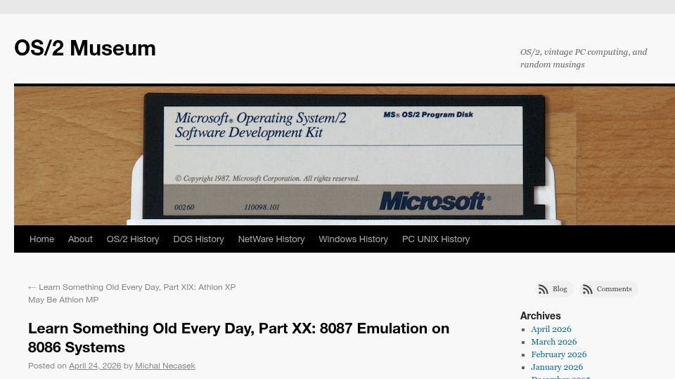 Screenshot of os2museum.com: 8087 Emulation on 8086 Systems