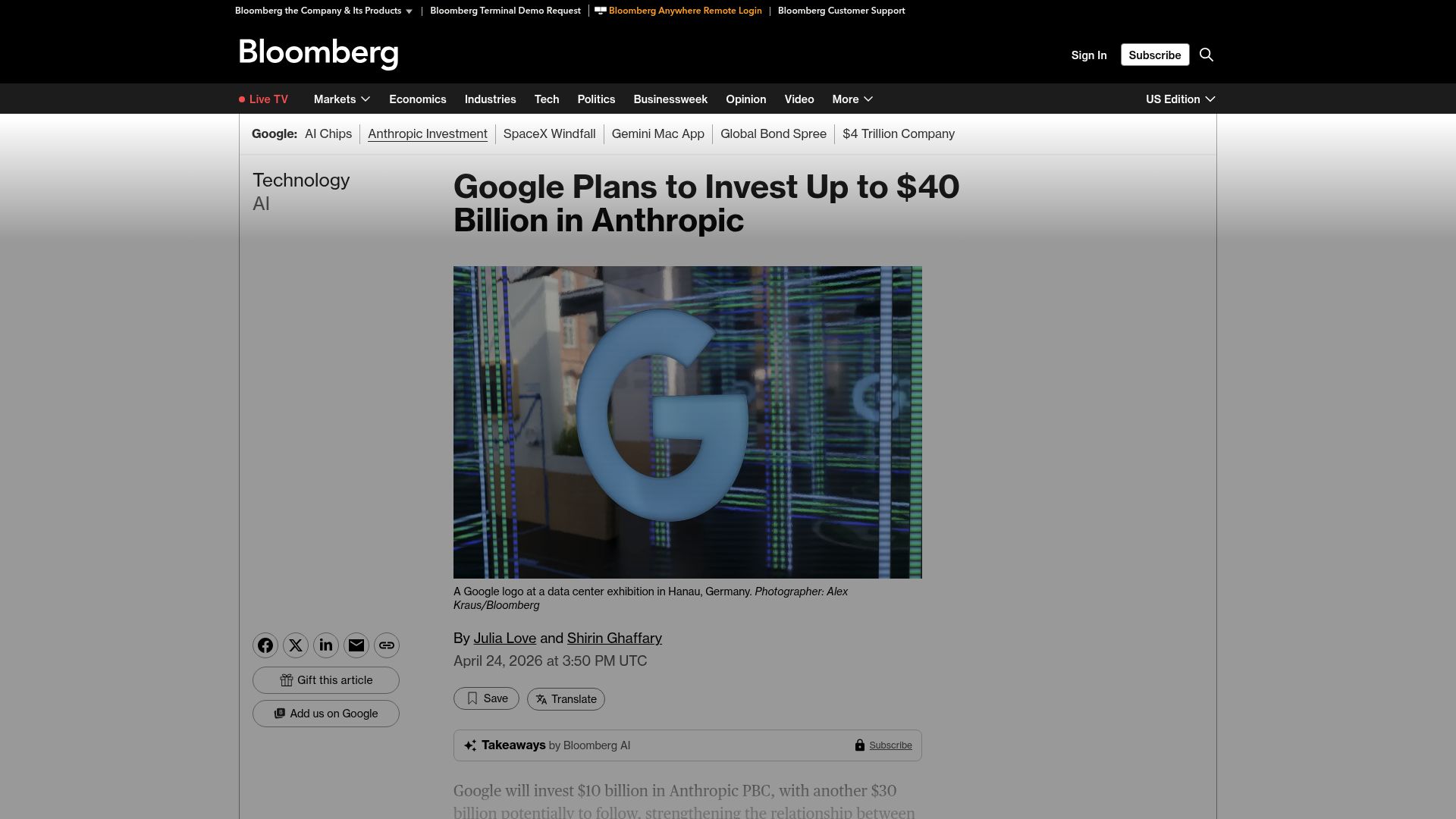 Screenshot of bloomberg.com: Google plans to invest up to $40B in Anthropic