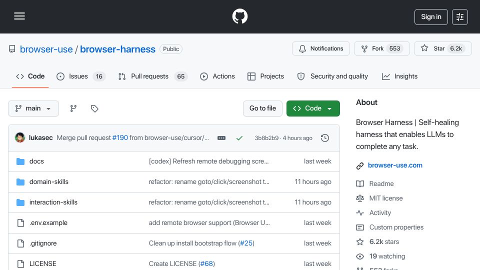 Screenshot of github.com: Show HN: Browser Harness – Gives LLM freedom to complete any browser task
