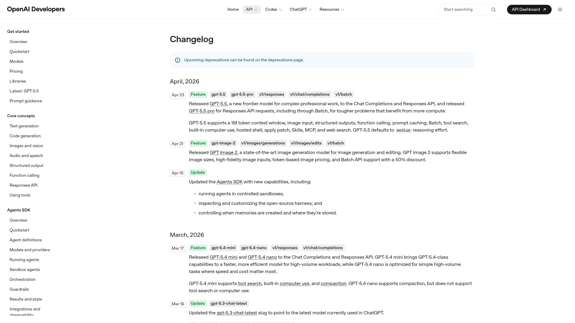 Screenshot of developers.openai.com: OpenAI releases GPT-5.5 and GPT-5.5 Pro in the API
