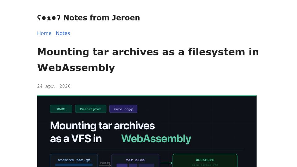 Screenshot of jeroen.github.io: Mounting tar archives as a filesystem in WebAssembly
