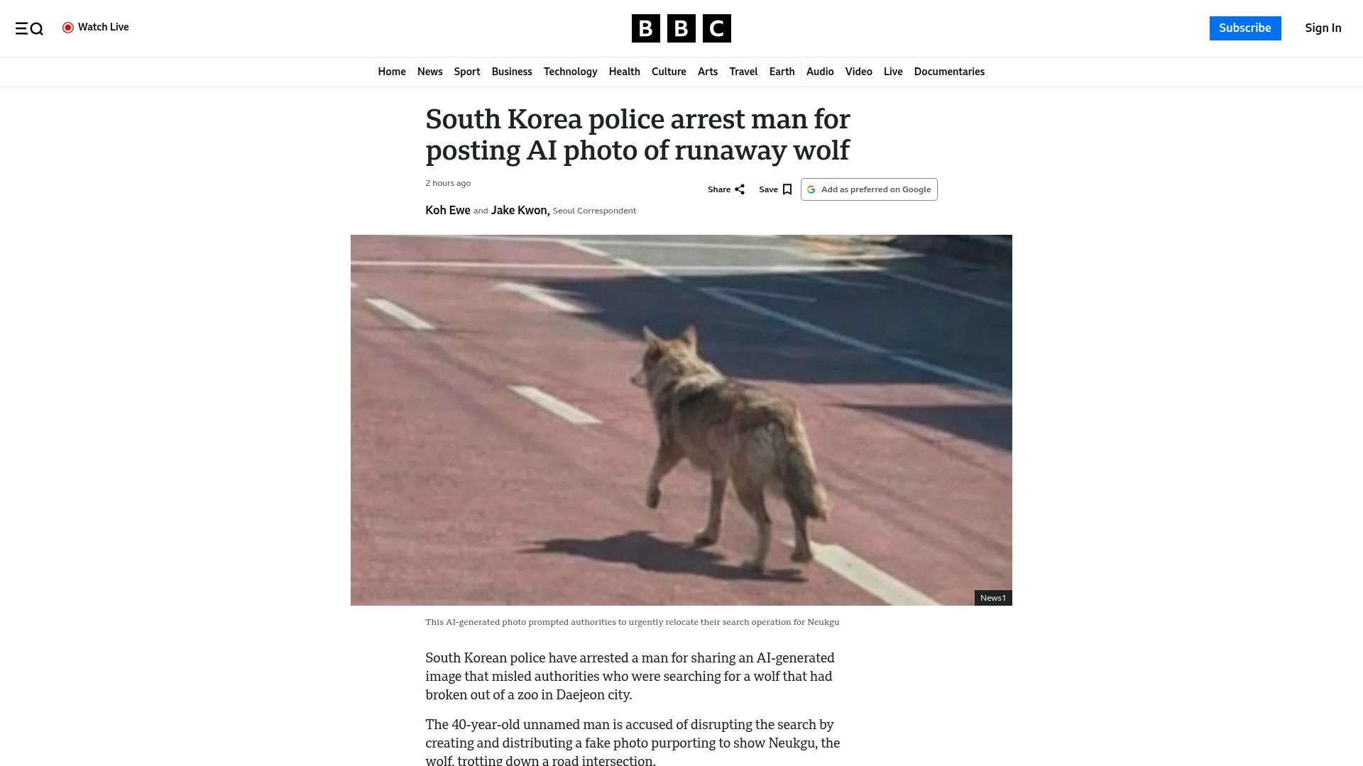Screenshot of bbc.com: South Korea police arrest man for posting AI photo of runaway wolf