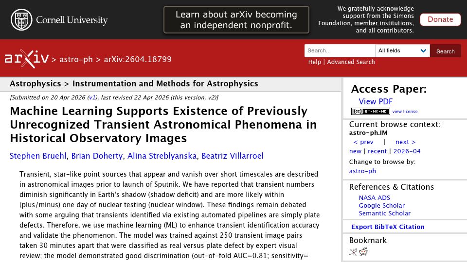 Screenshot of arxiv.org: ML supports existence of unrecognized transient astronomical phenomena