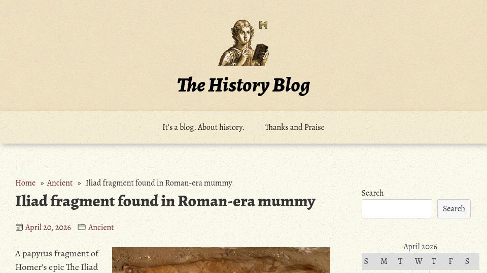 Screenshot of thehistoryblog.com: Iliad fragment found in Roman-era mummy