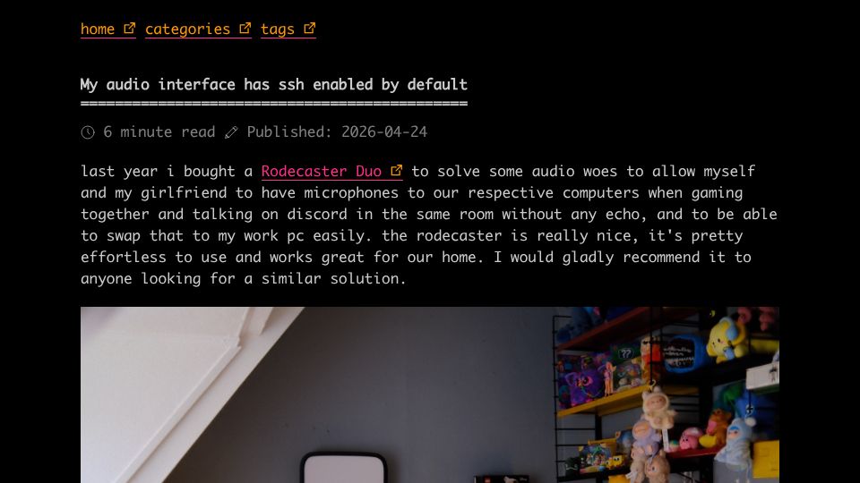 Screenshot of hhh.hn: My audio interface has SSH enabled by default
