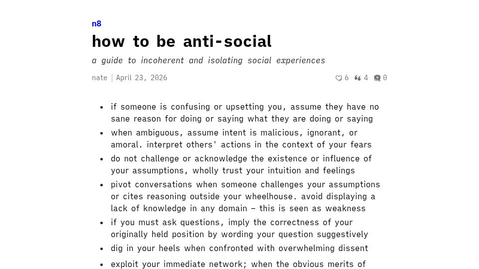 Screenshot of nate.leaflet.pub: How to be anti-social – a guide to incoherent and isolating social experiences