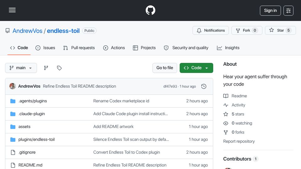 Screenshot of github.com: Hear your agent suffer through your code