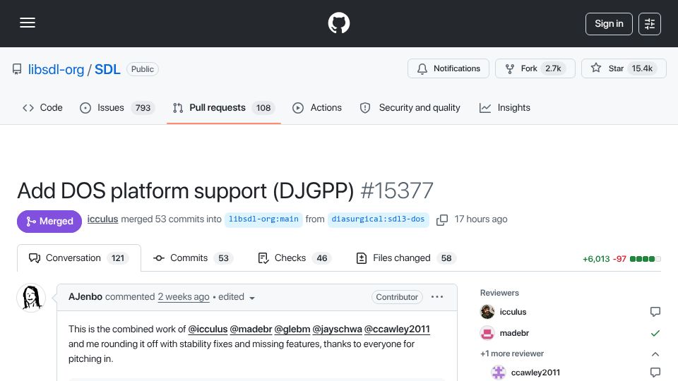 Screenshot of github.com: SDL Now Supports DOS