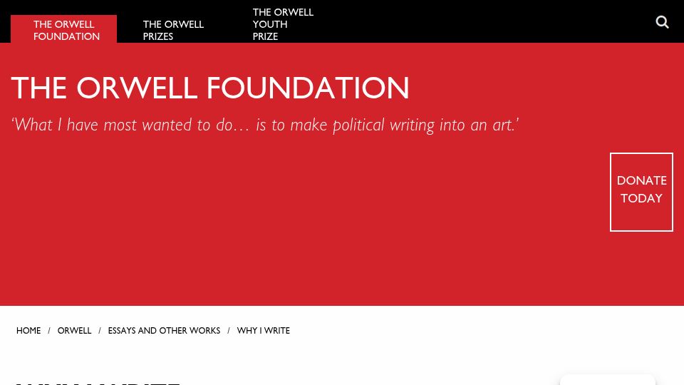 Screenshot of orwellfoundation.com: Why I Write (1946)