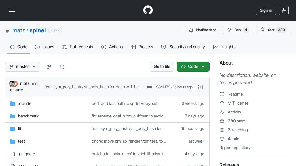 Screenshot of github.com: Spinel: Ruby AOT Native Compiler