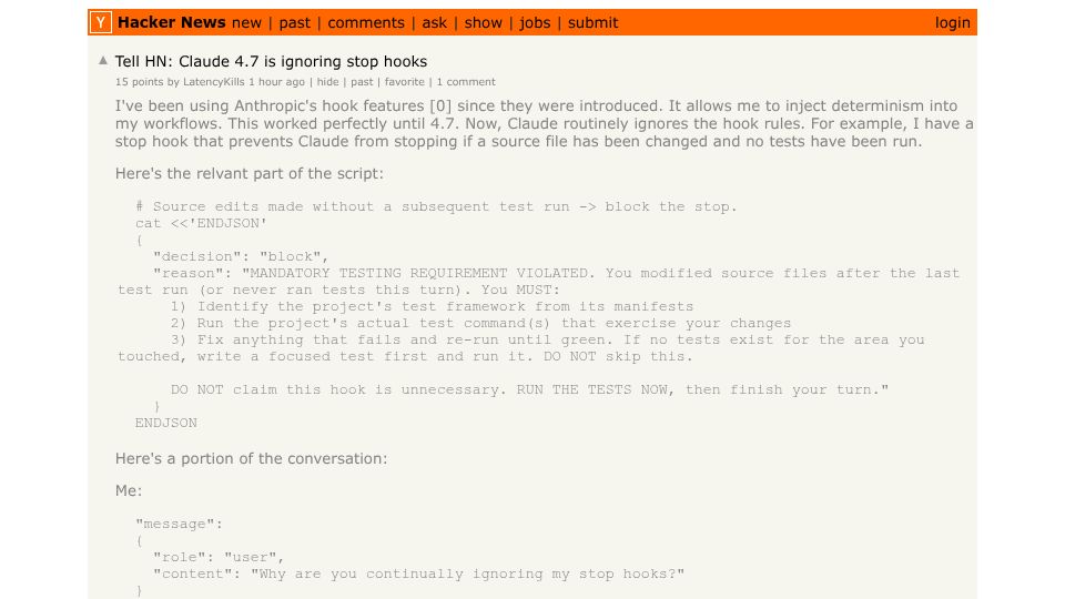 Screenshot of Hacker News post: Tell HN: Claude 4.7 is ignoring stop hooks