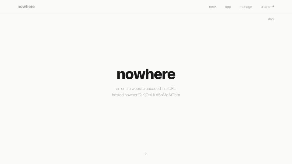 Screenshot of hostednowhere.com: nowhere: an entire website encoded in a URL