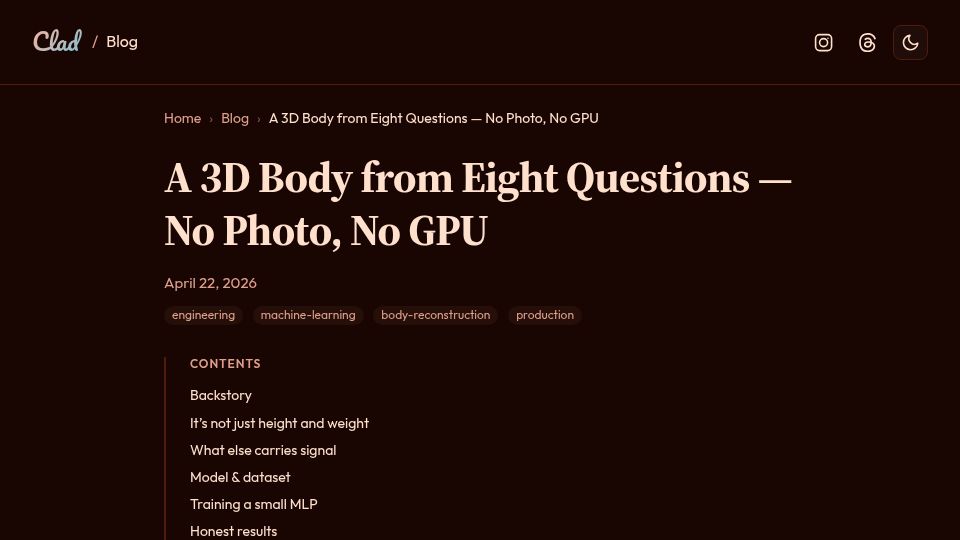 Screenshot of clad.you: A 3D Body from Eight Questions – No Photo, No GPU