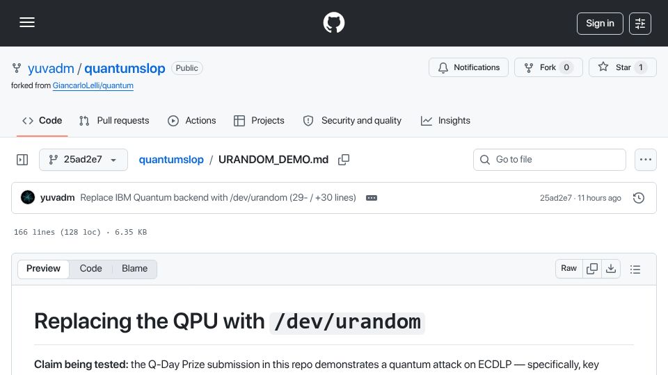 Screenshot of github.com: Replace IBM Quantum back end with /dev/urandom