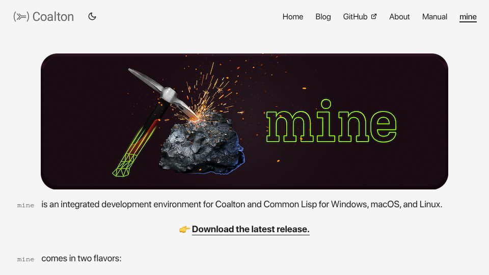 Screenshot of coalton-lang.github.io: Mine, an IDE for Coalton and Common Lisp