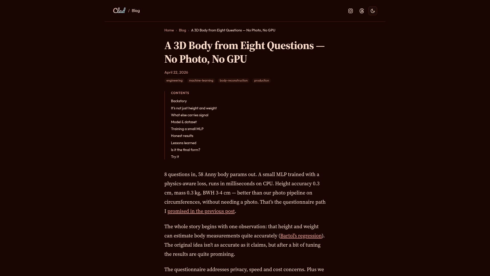 Screenshot of clad.you: A 3D Body from Eight Questions – No Photo, No GPU