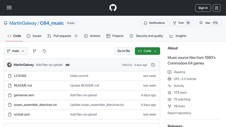 Screenshot of github.com: Martin Galway's music source files from 1980's Commodore 64 games