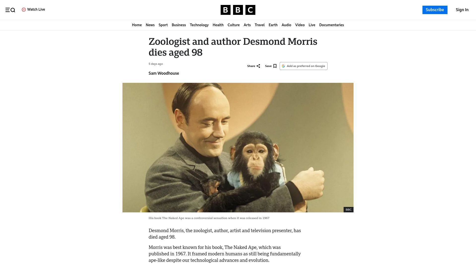 Screenshot of bbc.com: Desmond Morris has died