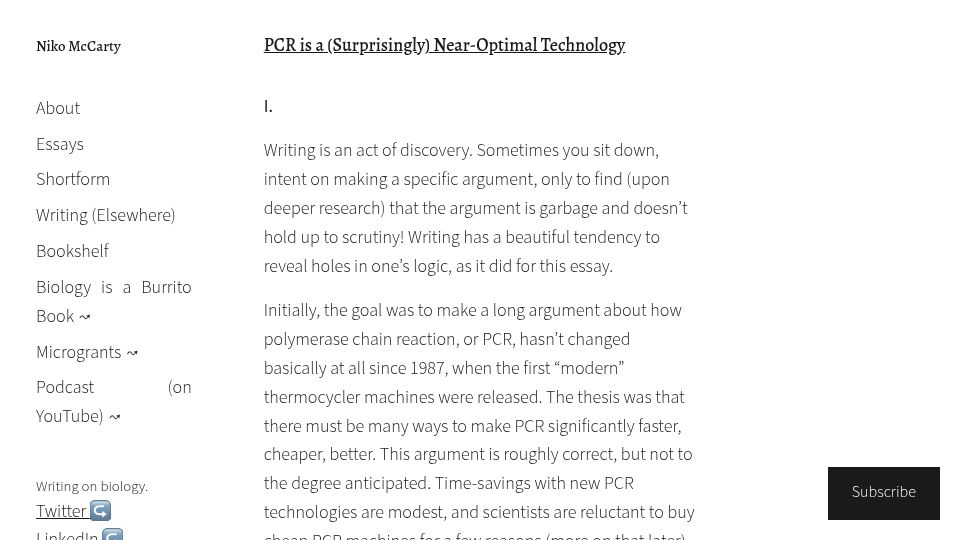 Screenshot of nikomc.com: PCR is a surprisingly near-optimal technology