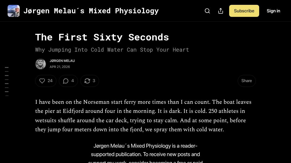 Screenshot of jorgenmelau.substack.com: Jumping into cold water can stop your heart