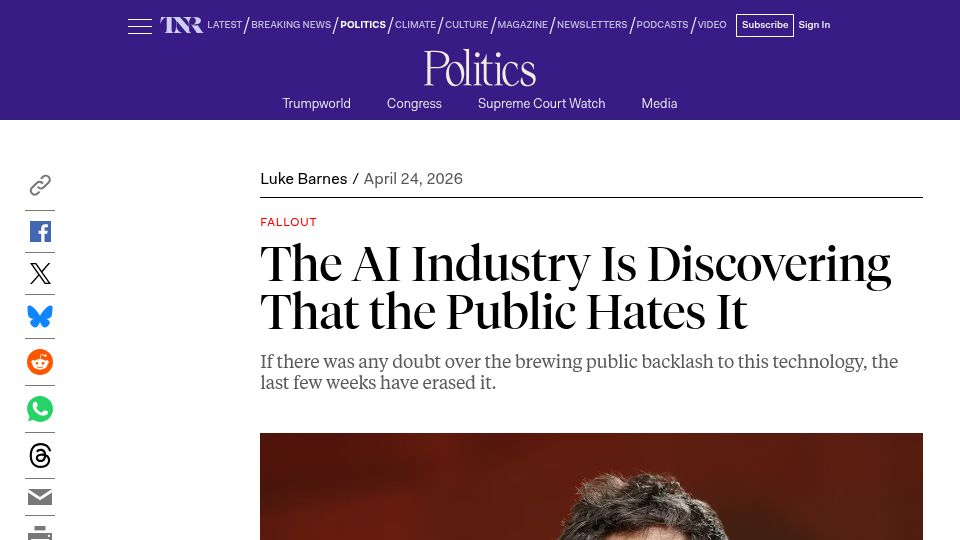 Screenshot of newrepublic.com: The AI Industry Is Discovering That the Public Hates It