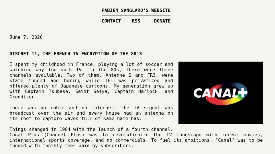 Screenshot of fabiensanglard.net: Discret 11, the French TV encryption of the 80s