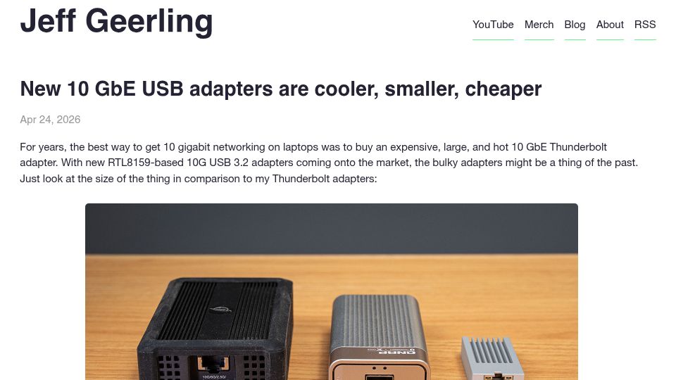 Screenshot of jeffgeerling.com: New 10 GbE USB adapters are cooler, smaller, cheaper