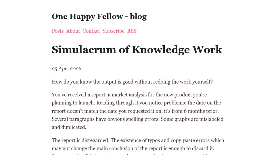 Screenshot of blog.happyfellow.dev: Simulacrum of Knowledge Work